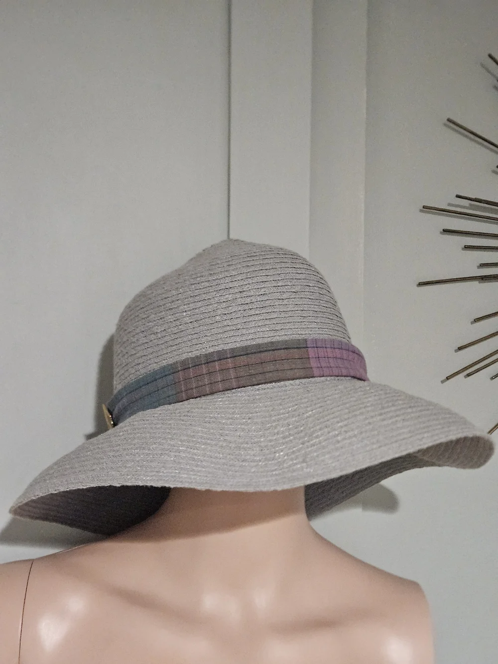 Wide Brim Hemp Blend Sun Hat Gray Plaid Band Lightweight Resort Boho - Picture 13 of 13